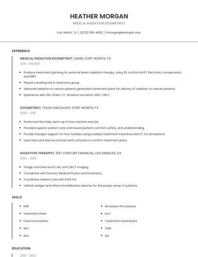 Medical Radiation Dosimetrist Resume