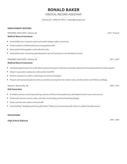 Medical Record Assistant Resume