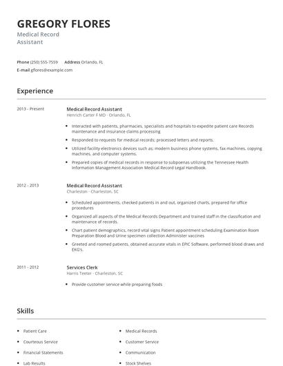 Medical Record Assistant Resume