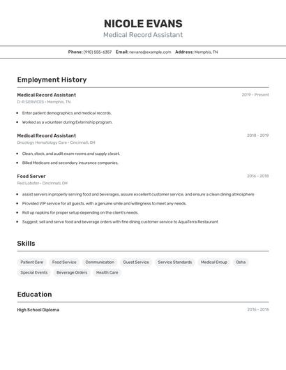 Medical Record Assistant Resume