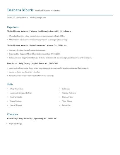 Medical Record Assistant Resume