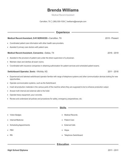 Medical Record Assistant Resume