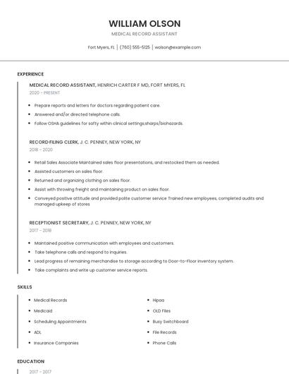 Medical Record Assistant Resume