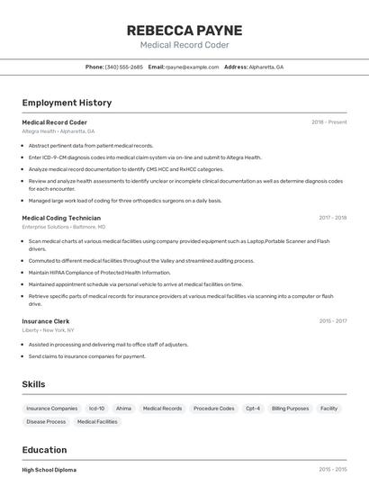 Medical Record Coder Resume
