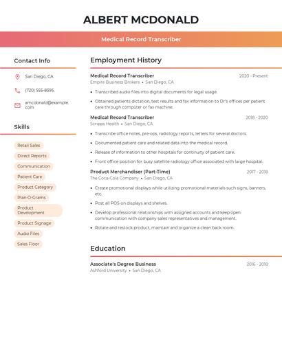 Medical Record Transcriber Resume