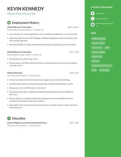 Medical Record Transcriber Resume