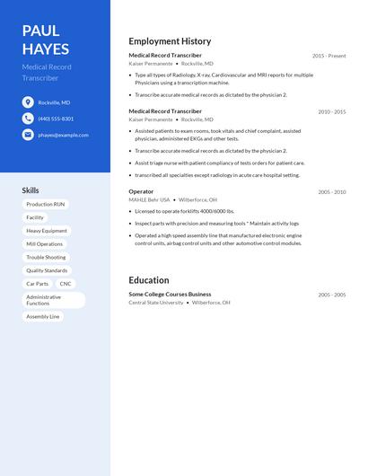 Medical Record Transcriber Resume