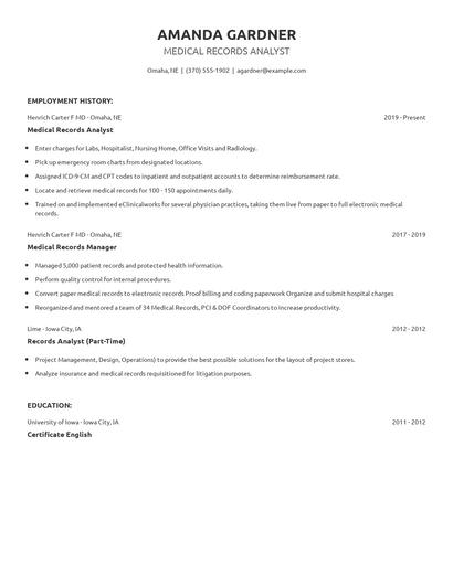 Medical Records Analyst Resume