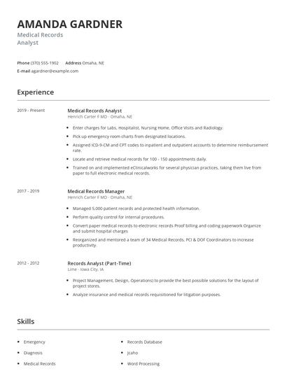 Medical Records Analyst Resume
