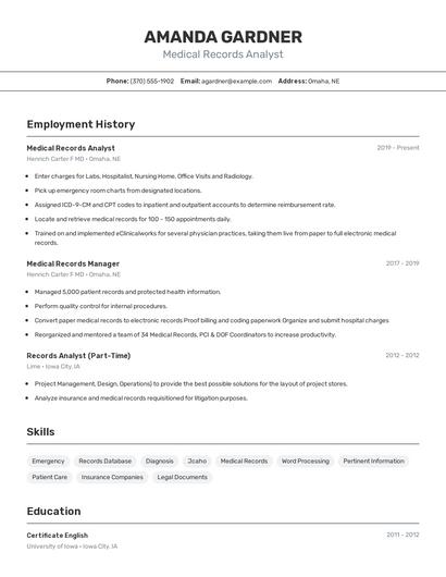 Medical Records Analyst Resume