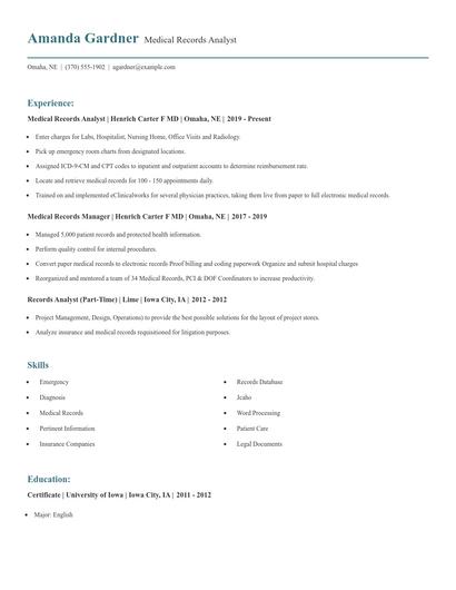 Medical Records Analyst Resume