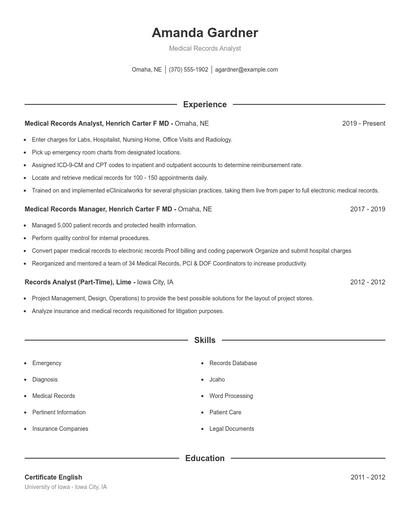 Medical Records Analyst Resume