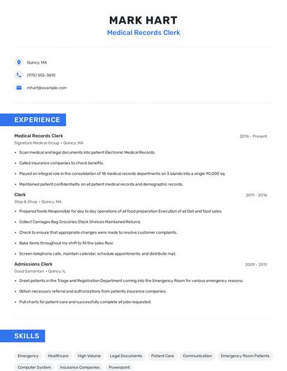 Medical Records Clerk Resume