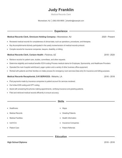 Medical Records Clerk Resume