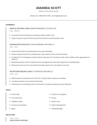 Medical Records Clerk Resume