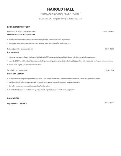 Medical Records Receptionist Resume