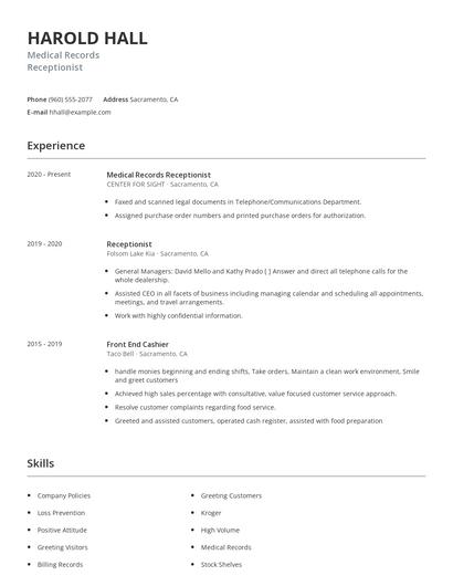 Medical Records Receptionist Resume