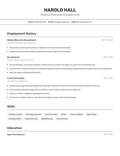 Medical Records Receptionist Resume