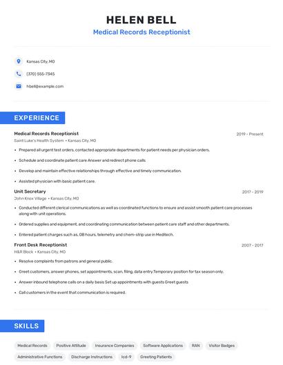 Medical Records Receptionist Resume