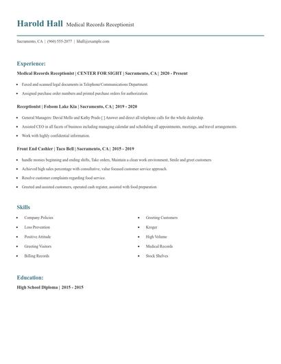 Medical Records Receptionist Resume