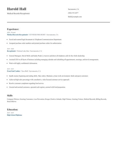 Medical Records Receptionist Resume