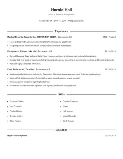 Medical Records Receptionist Resume