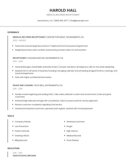 Medical Records Receptionist Resume