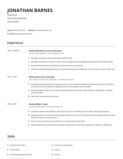 Medical Reimbursement Specialist Resume