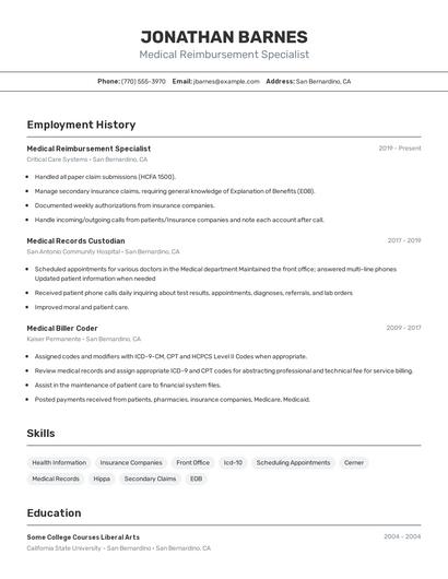 Medical Reimbursement Specialist Resume