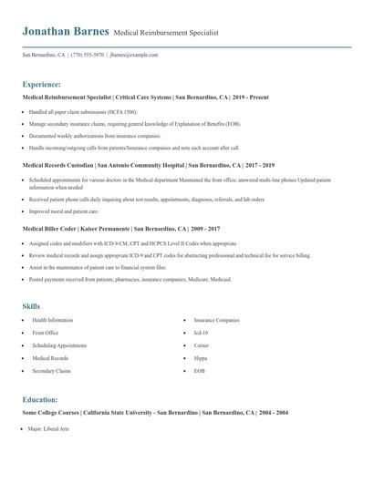 Medical Reimbursement Specialist Resume