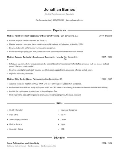 Medical Reimbursement Specialist Resume