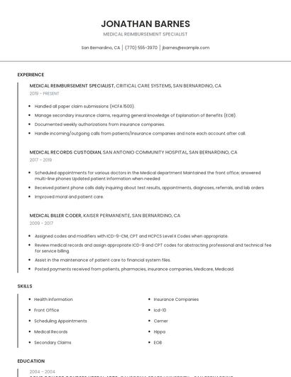 Medical Reimbursement Specialist Resume