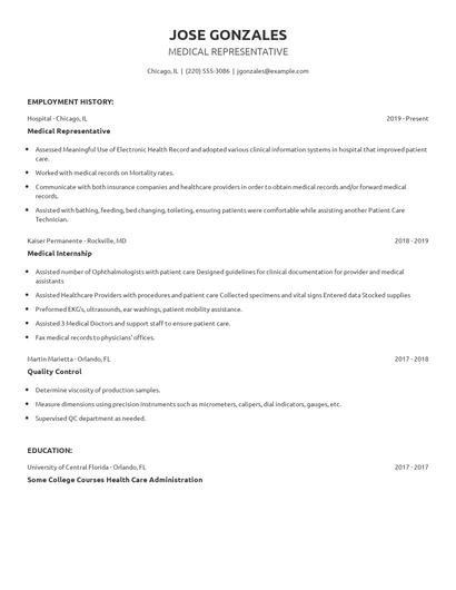 Medical Representative Resume