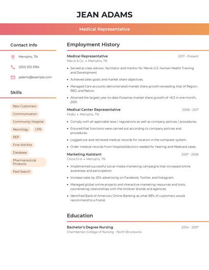 Medical Representative Resume