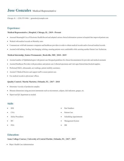 Medical Representative Resume