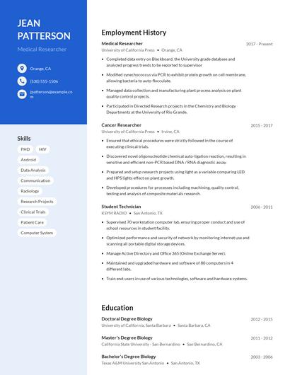Medical Researcher Resume