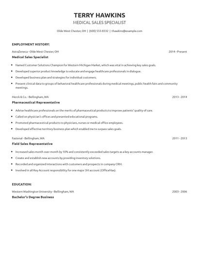 Medical Sales Specialist Resume