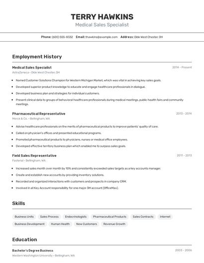 Medical Sales Specialist Resume