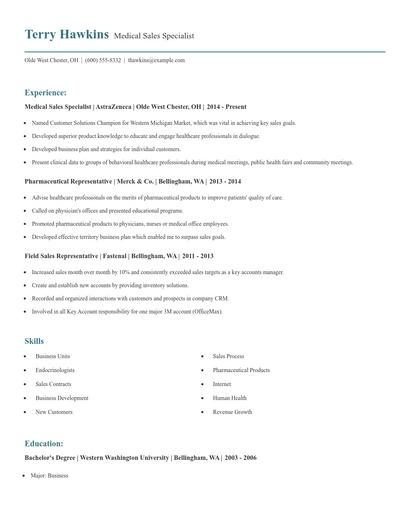 Medical Sales Specialist Resume
