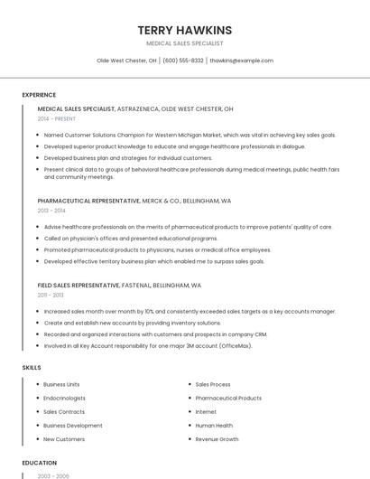 Medical Sales Specialist Resume