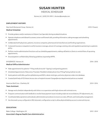 Medical Scheduler Resume