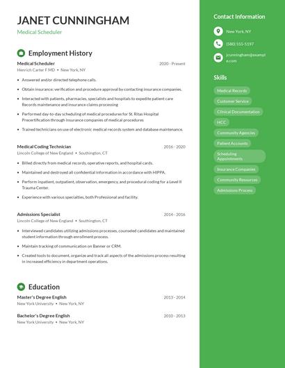 Medical Scheduler Resume