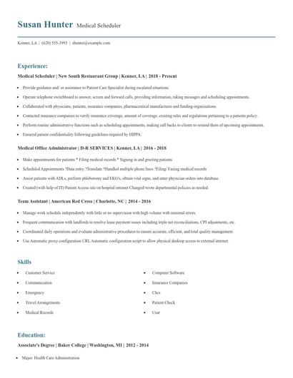 Medical Scheduler Resume