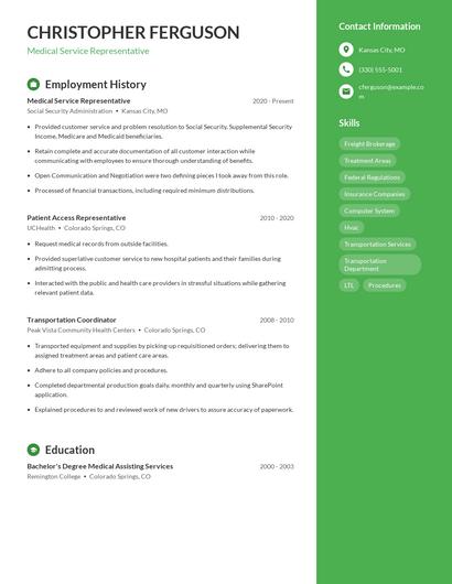 Medical Service Representative Resume