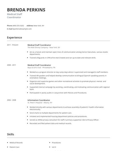 Medical Staff Coordinator Resume