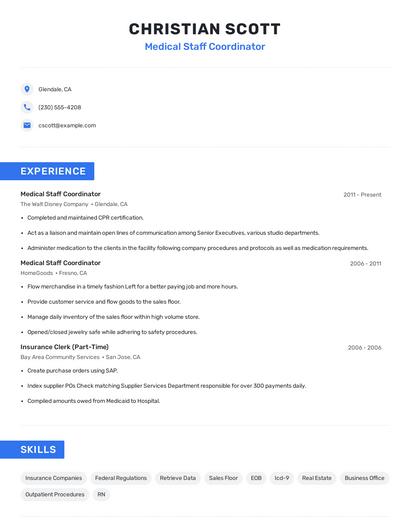 Medical Staff Coordinator Resume