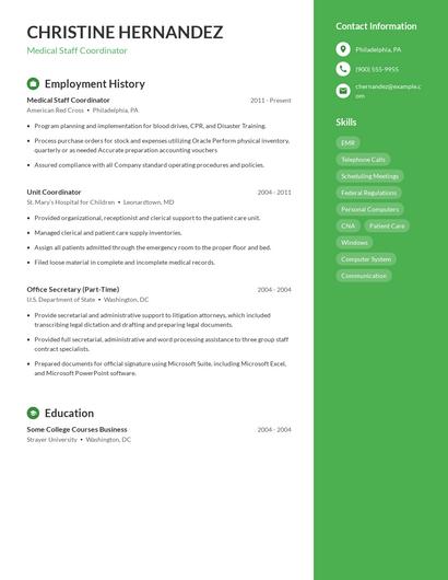 Medical Staff Coordinator Resume