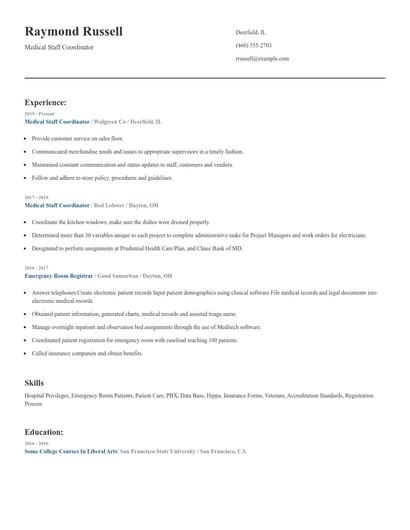 Medical Staff Coordinator Resume