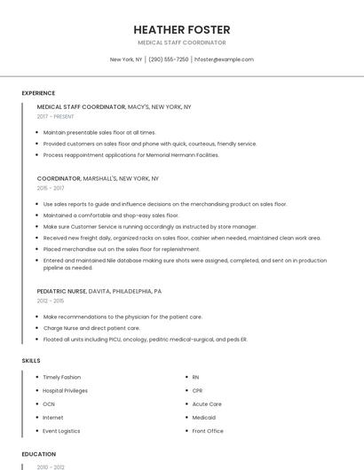 Medical Staff Coordinator Resume