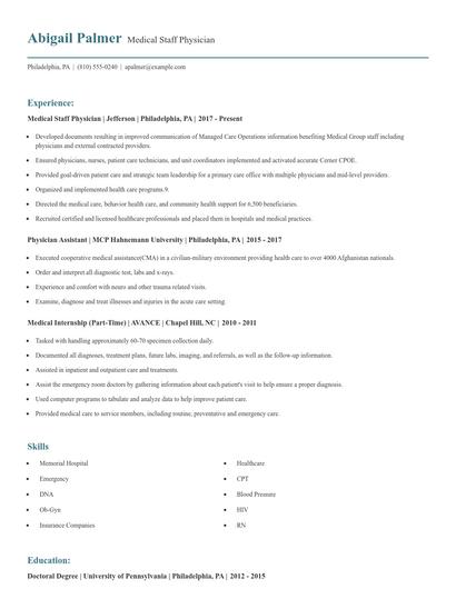 Medical Staff Physician Resume